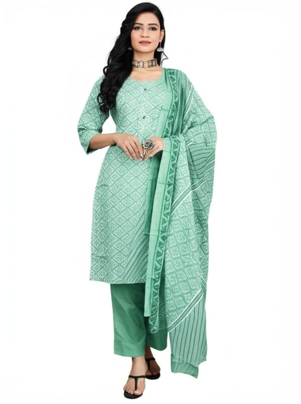 Chic Pista Green Cotton Printed 3-Piece Suit – Elegance & Comfort Redefined