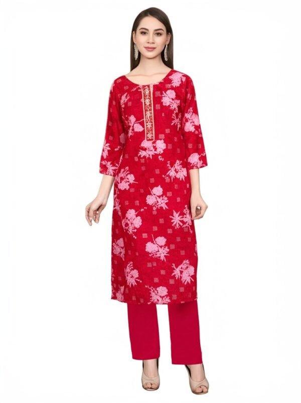 Stylish Round Neck Cotton Red Suit with Dupatta & Pajama – XXL & XXXL