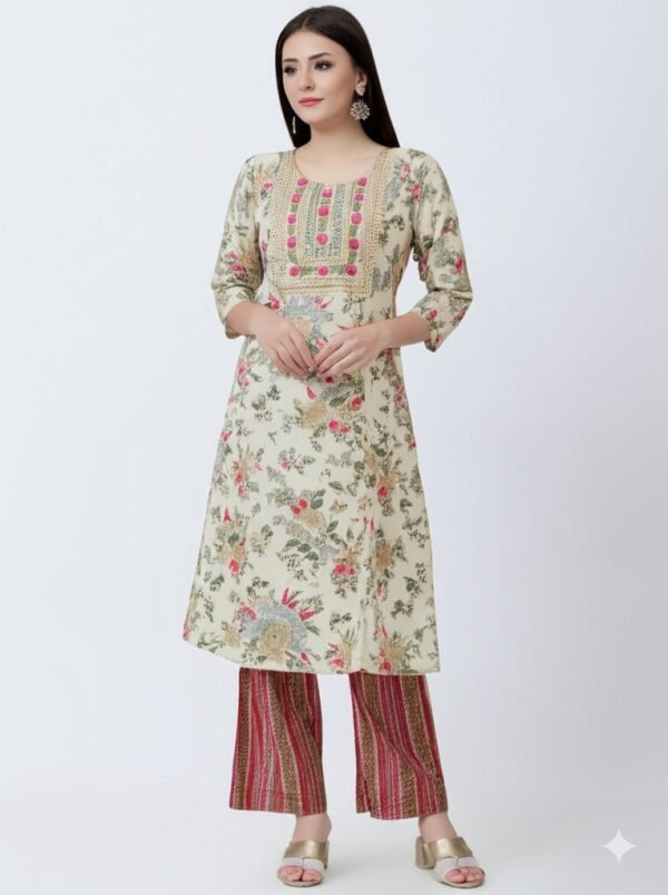 Stylish Round Neck Suit with Dupatta & Pajama – XL Size white green