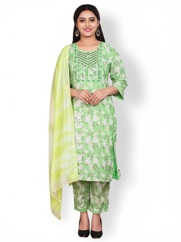 Stylish Round Neck Suit with Dupatta & Pajama – XL Size green color