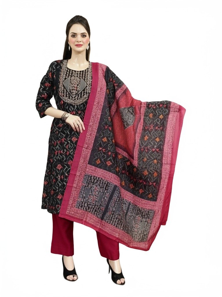 Stylish Round Neck Suit Set with Dupatta & Pajama – XL Size -black color