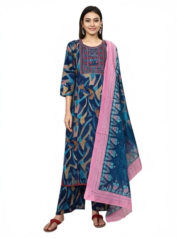 Stylish Round Neck Suit Set with Dupatta & Pajama – XL Size- blue