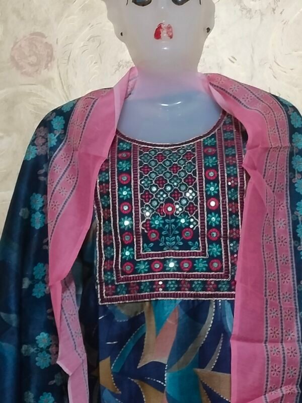 Stylish Round Neck Suit Set with Dupatta & Pajama – XL Size- blue - Image 2