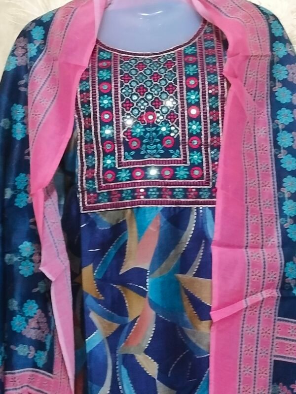Stylish Round Neck Suit Set with Dupatta & Pajama – XL Size- blue - Image 3