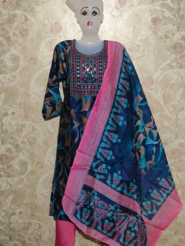 Stylish Round Neck Suit Set with Dupatta & Pajama – XL Size- blue - Image 4