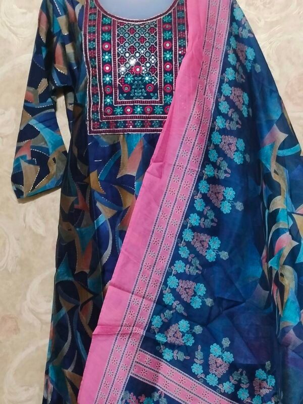 Stylish Round Neck Suit Set with Dupatta & Pajama – XL Size- blue - Image 5