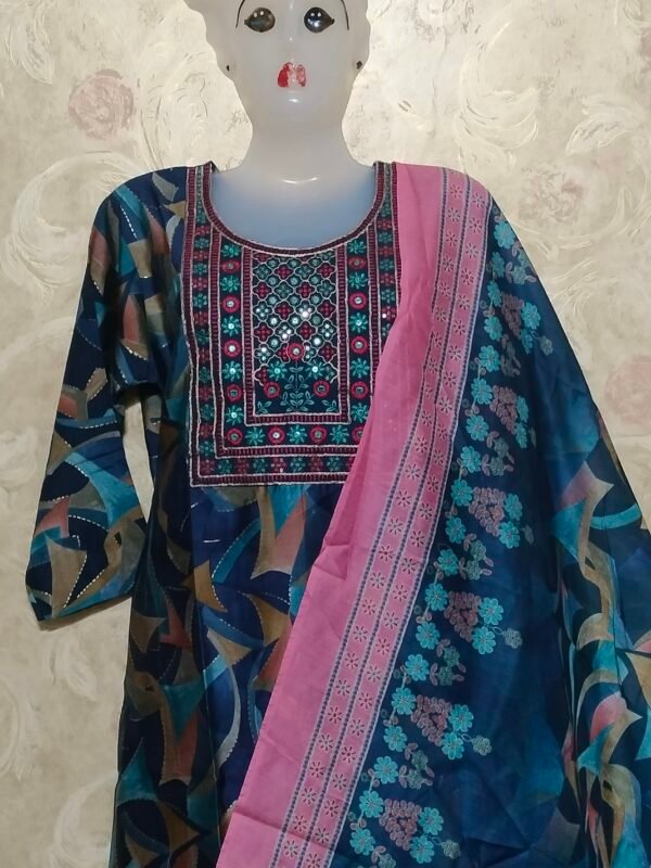 Stylish Round Neck Suit Set with Dupatta & Pajama – XL Size- blue - Image 6