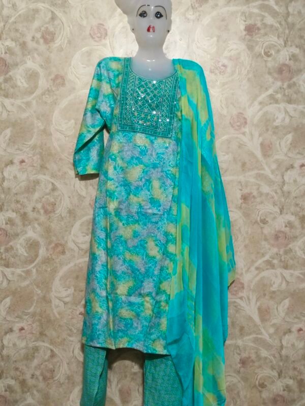 Stylish Round Neck Suit with Dupatta & Pajama – XL Size sky blue - Image 5