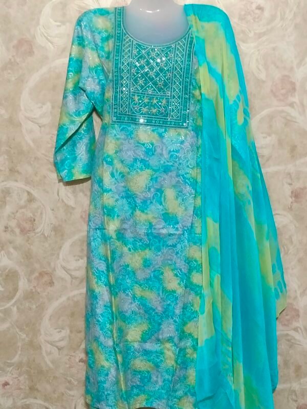 Stylish Round Neck Suit with Dupatta & Pajama – XL Size sky blue - Image 2