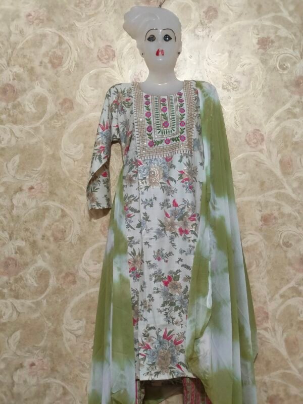Stylish Round Neck Suit with Dupatta & Pajama – XL Size white green - Image 3