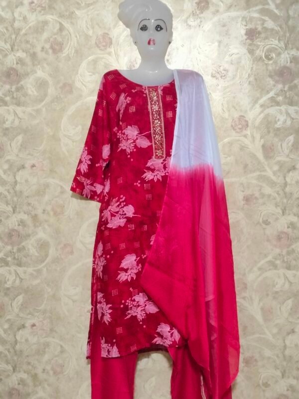 Stylish Round Neck Cotton Red Suit with Dupatta & Pajama – XXL & XXXL - Image 4
