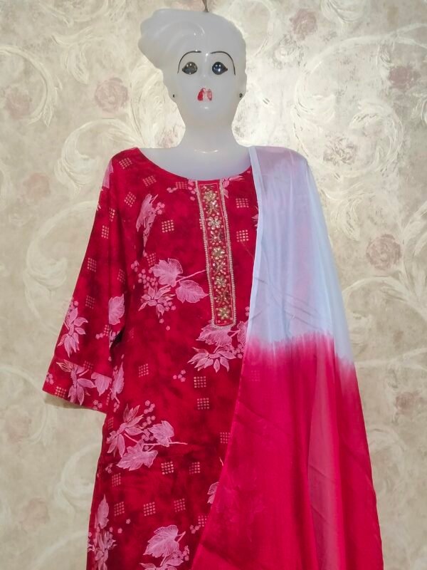 Stylish Round Neck Cotton Red Suit with Dupatta & Pajama – XXL & XXXL - Image 3