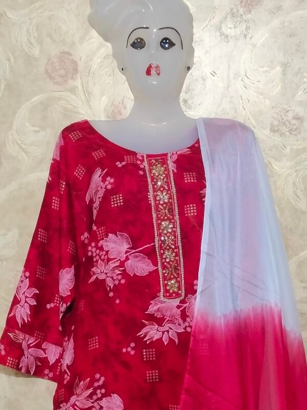 Stylish Round Neck Cotton Red Suit with Dupatta & Pajama – XXL & XXXL - Image 2