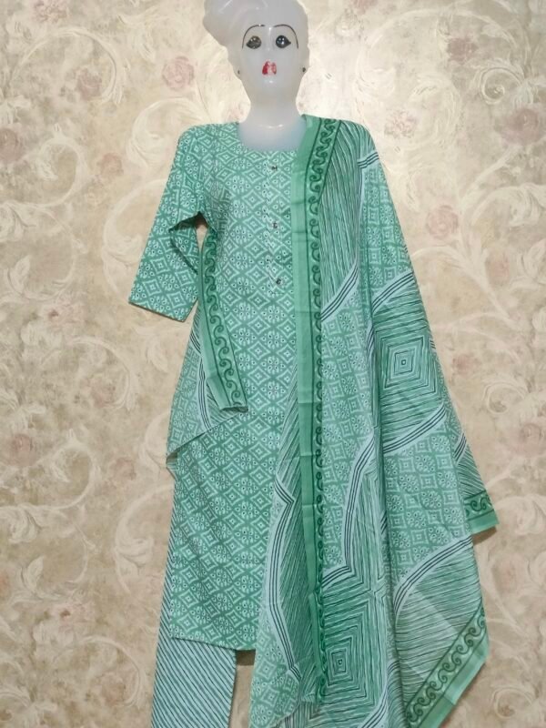 Chic Pista Green Cotton Printed 3-Piece Suit – Elegance & Comfort Redefined - Image 5