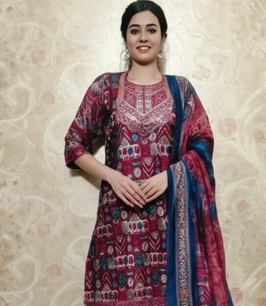 Stylish Round Neck Suit Set with Dupatta & Pajama – XL Size -maroon color