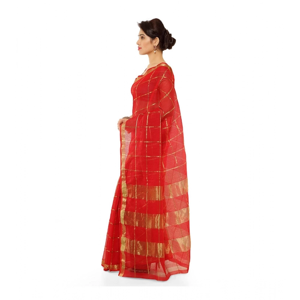Generic Women's Kota Doria Cotton Saree With Blouse (Red,6-3 Mtrs) - Image 2