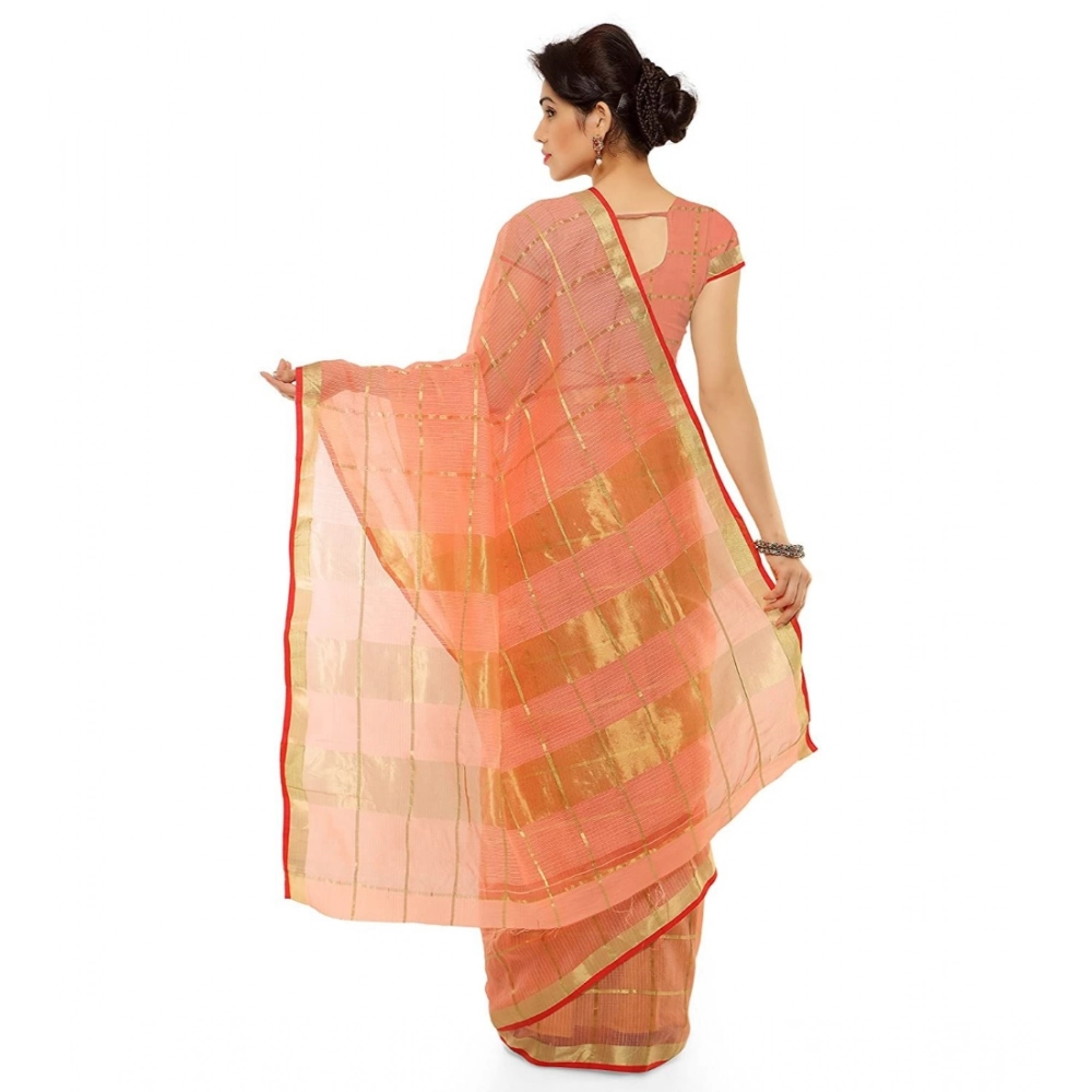 Generic Women's Kota Doria Cotton Saree With Blouse (Peach,6-3 Mtrs) - Image 2
