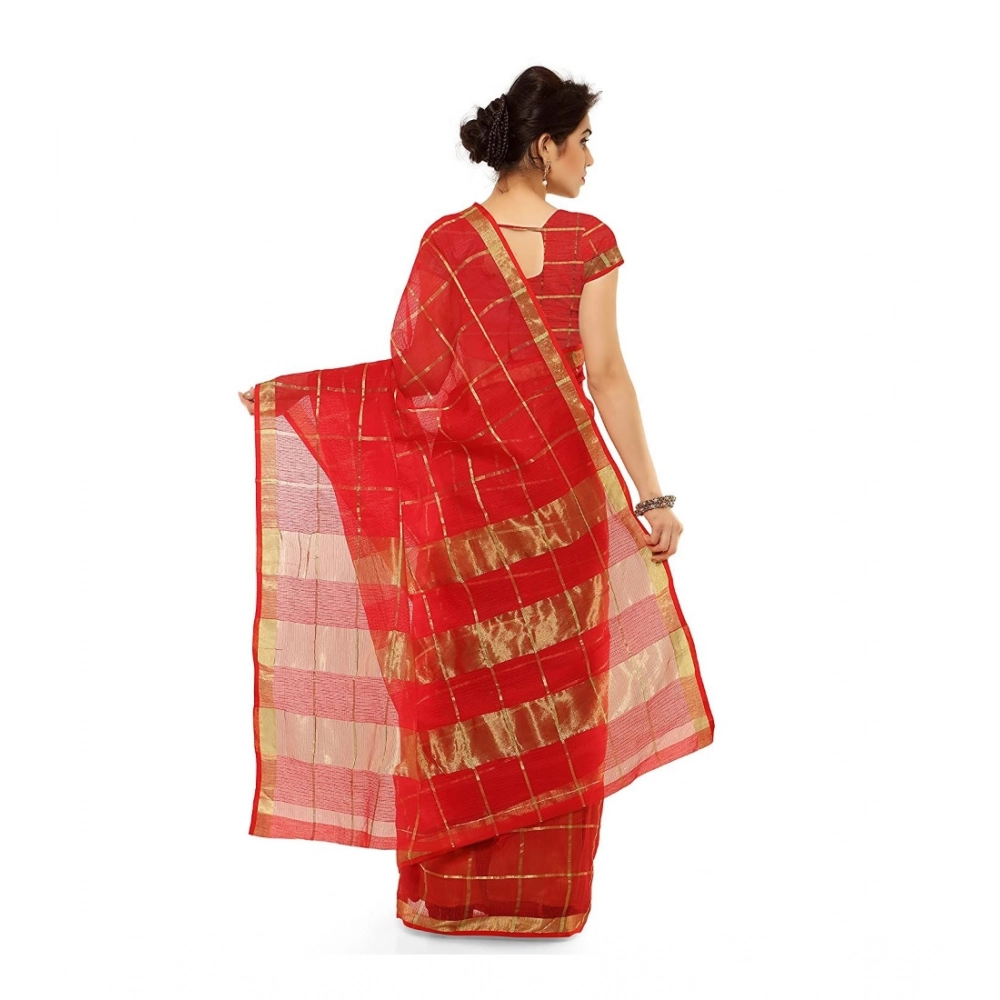 Generic Women's Kota Doria Cotton Saree With Blouse (Red,6-3 Mtrs) - Image 3
