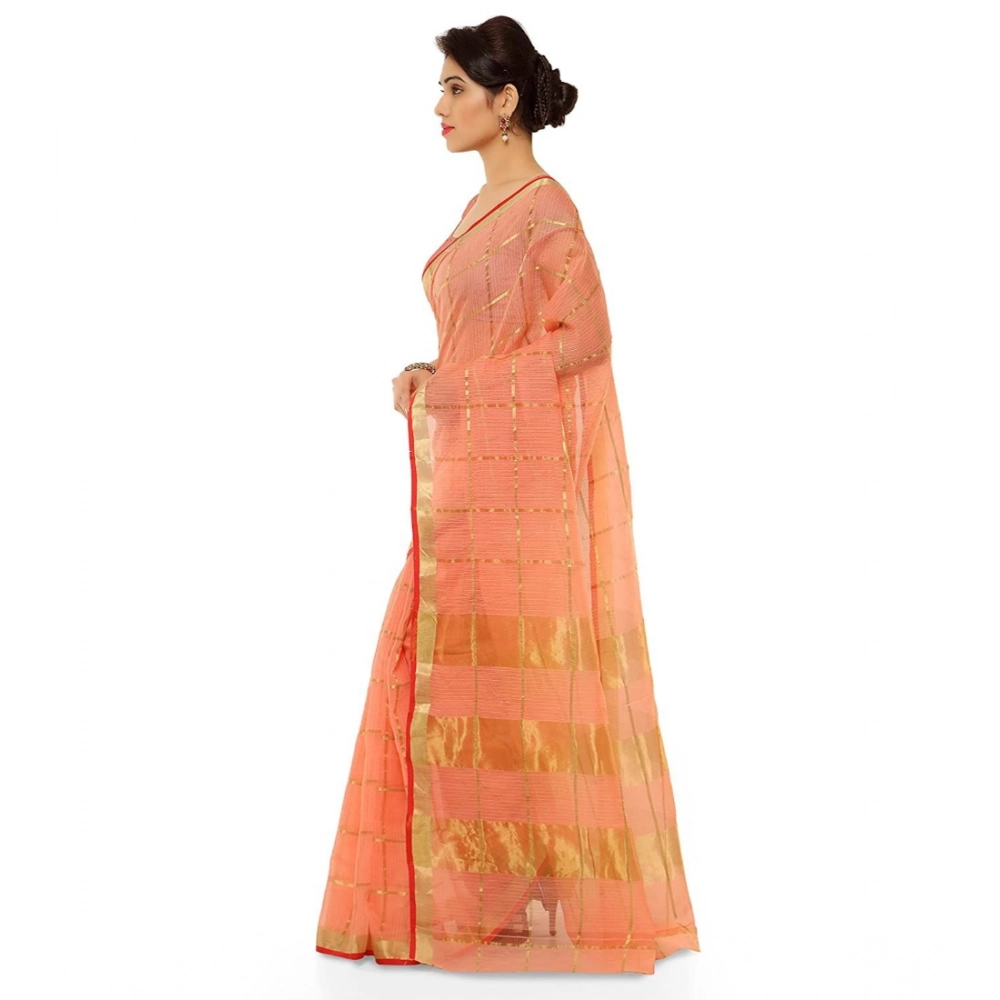 Generic Women's Kota Doria Cotton Saree With Blouse (Peach,6-3 Mtrs) - Image 3