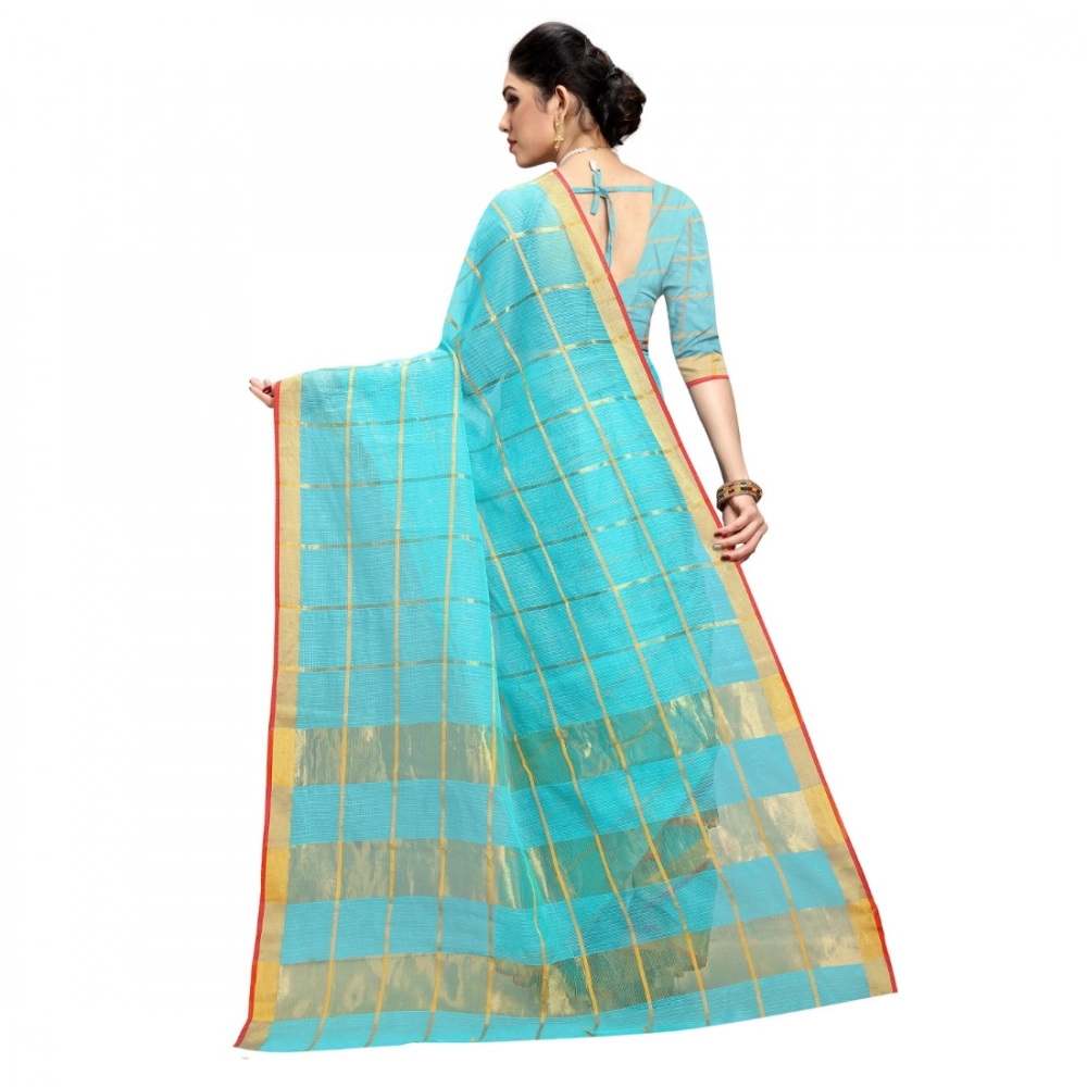 Generic Women's Kota Doria Cotton Checked Saree With Blouse (Sky Blue, 5-6 Mtrs) - Image 5