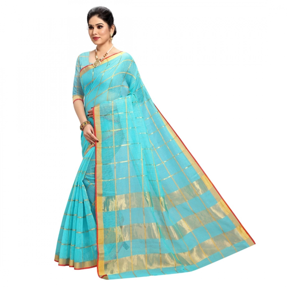 Generic Women's Kota Doria Cotton Checked Saree With Blouse (Sky Blue, 5-6 Mtrs) - Image 3