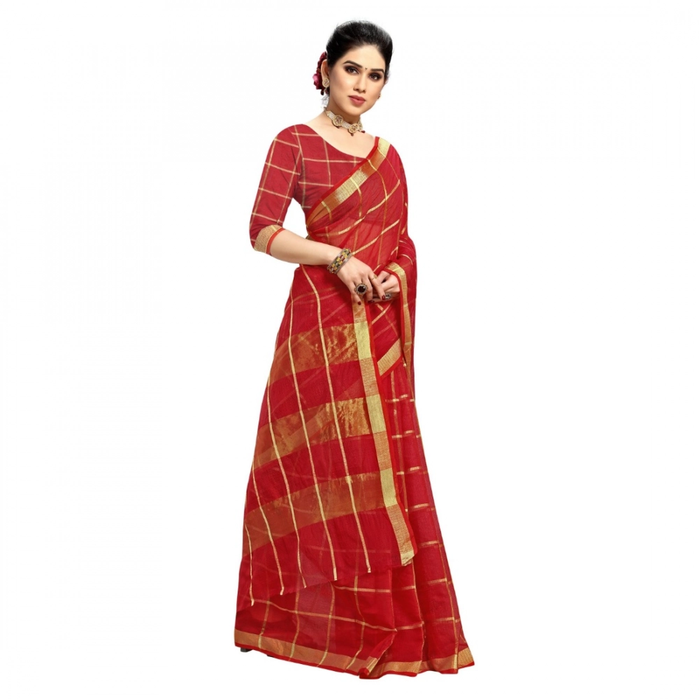 Generic Women's Kota Doria Cotton Checked Saree With Blouse (Red, 5-6 Mtrs) - Image 2