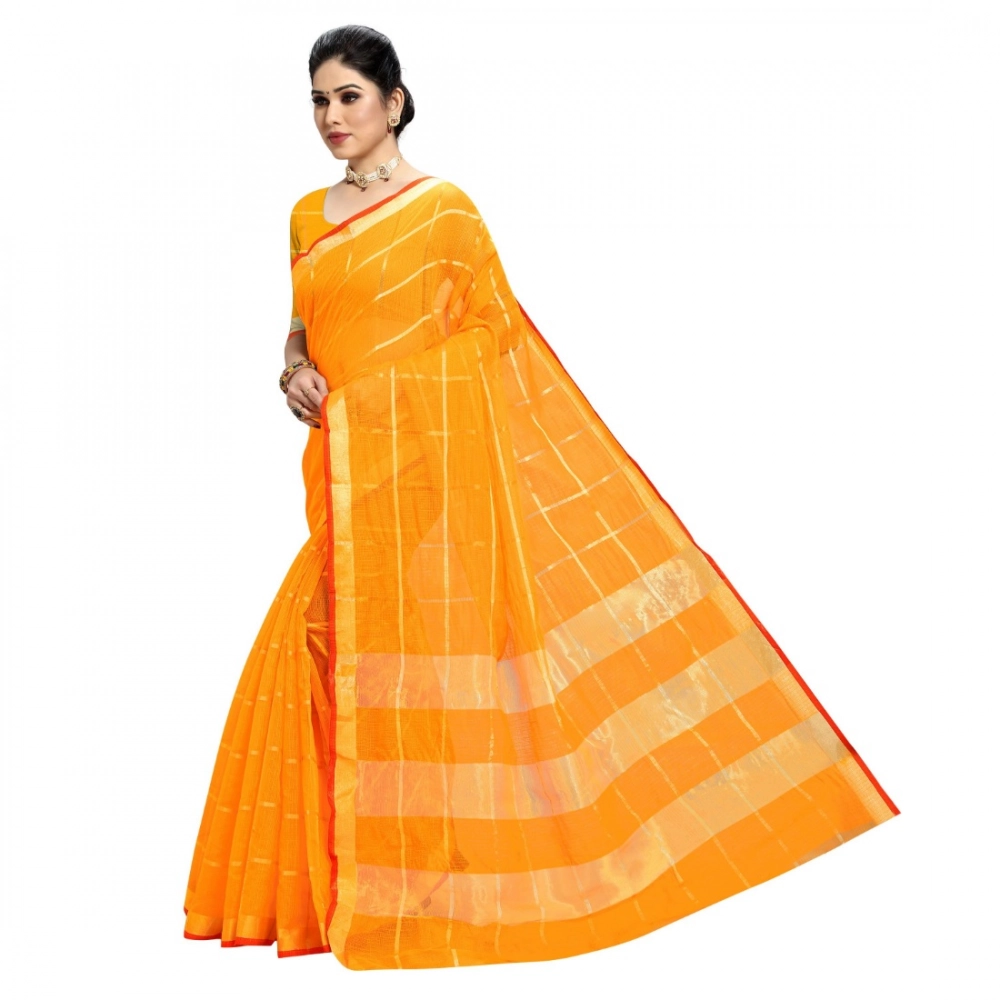 Generic Women's Kota Doria Cotton Checked Saree With Blouse (Yellow, 5-6 Mtrs) - Image 3