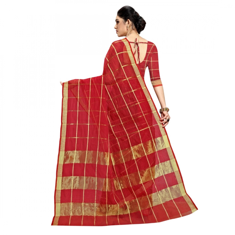 Generic Women's Kota Doria Cotton Checked Saree With Blouse (Red, 5-6 Mtrs) - Image 4