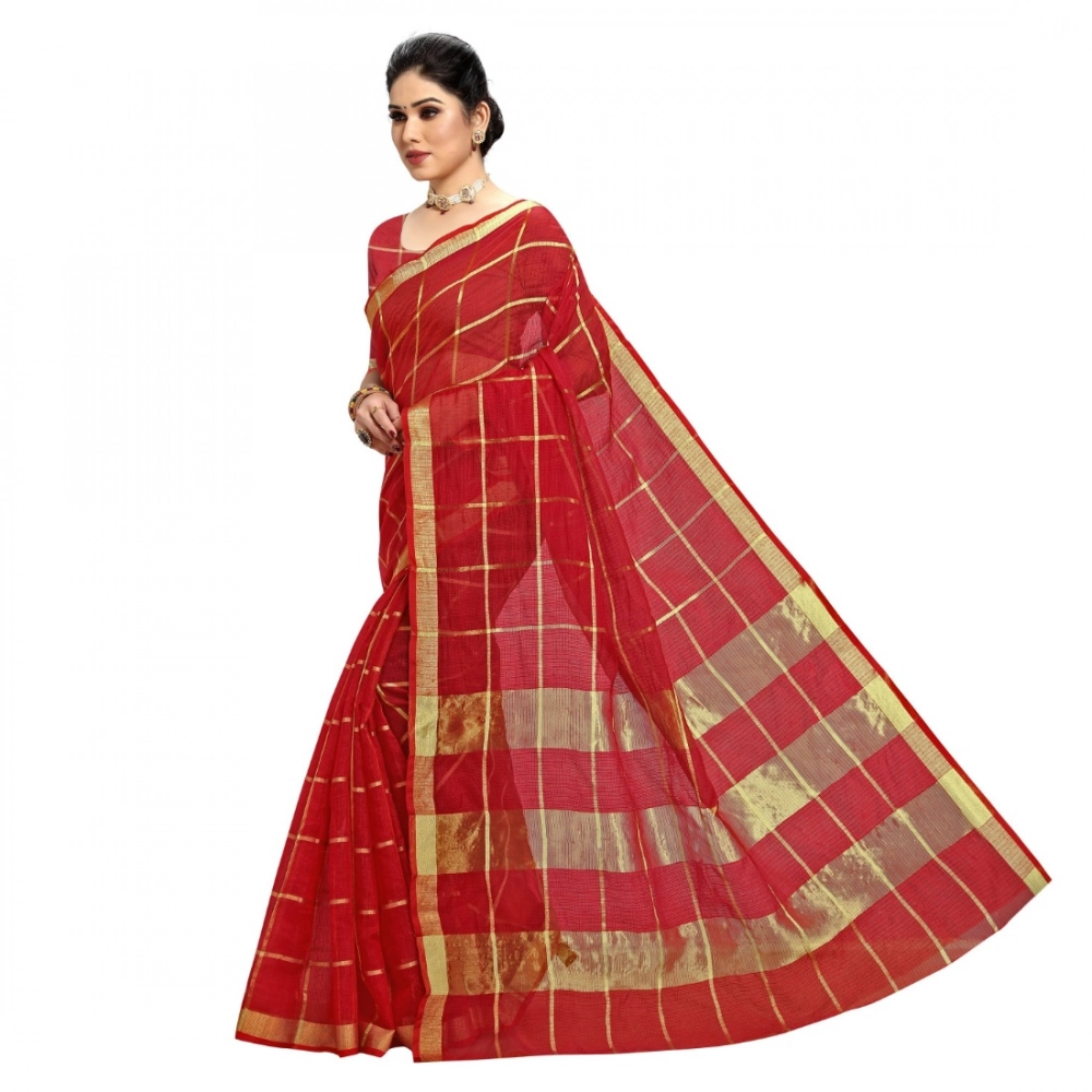 Generic Women's Kota Doria Cotton Checked Saree With Blouse (Red, 5-6 Mtrs) - Image 3