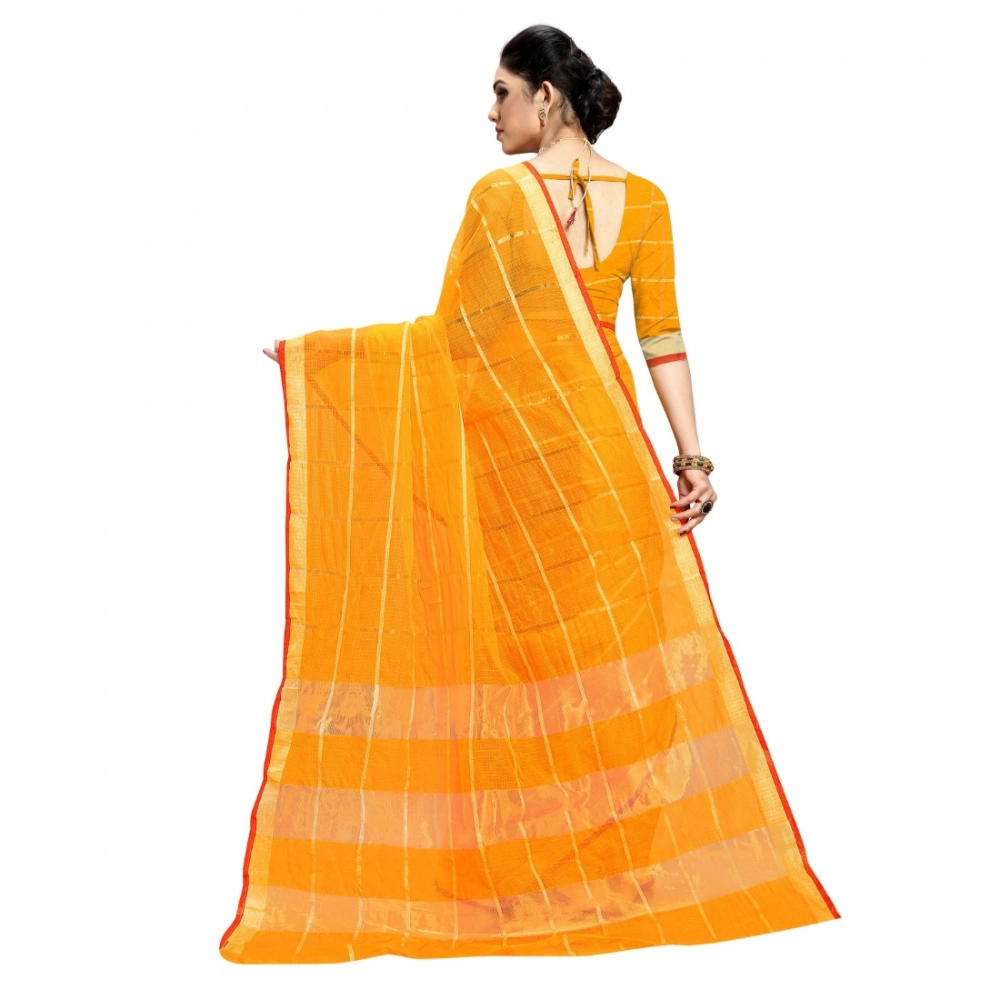 Generic Women's Kota Doria Cotton Checked Saree With Blouse (Yellow, 5-6 Mtrs) - Image 5