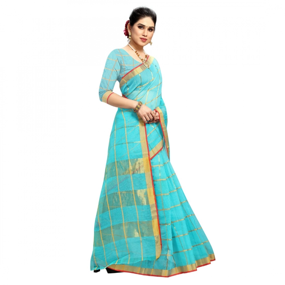 Generic Women's Kota Doria Cotton Checked Saree With Blouse (Sky Blue, 5-6 Mtrs) - Image 2