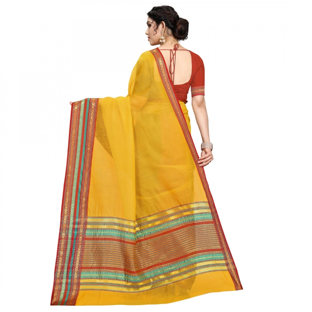 Generic Women's Kota Doria Cotton Bordered Saree With Blouse (Yellow, 5-6 Mtrs) - Image 3