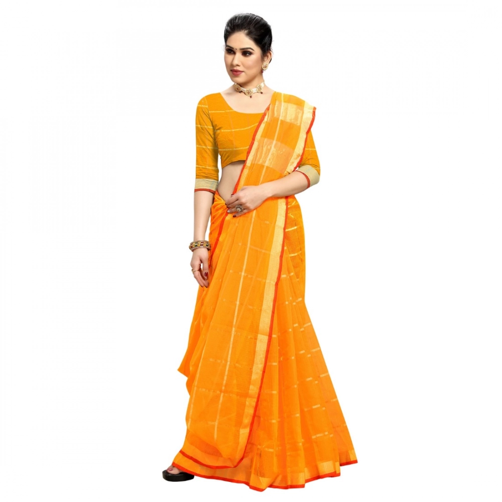 Generic Women's Kota Doria Cotton Checked Saree With Blouse (Yellow, 5-6 Mtrs) - Image 4