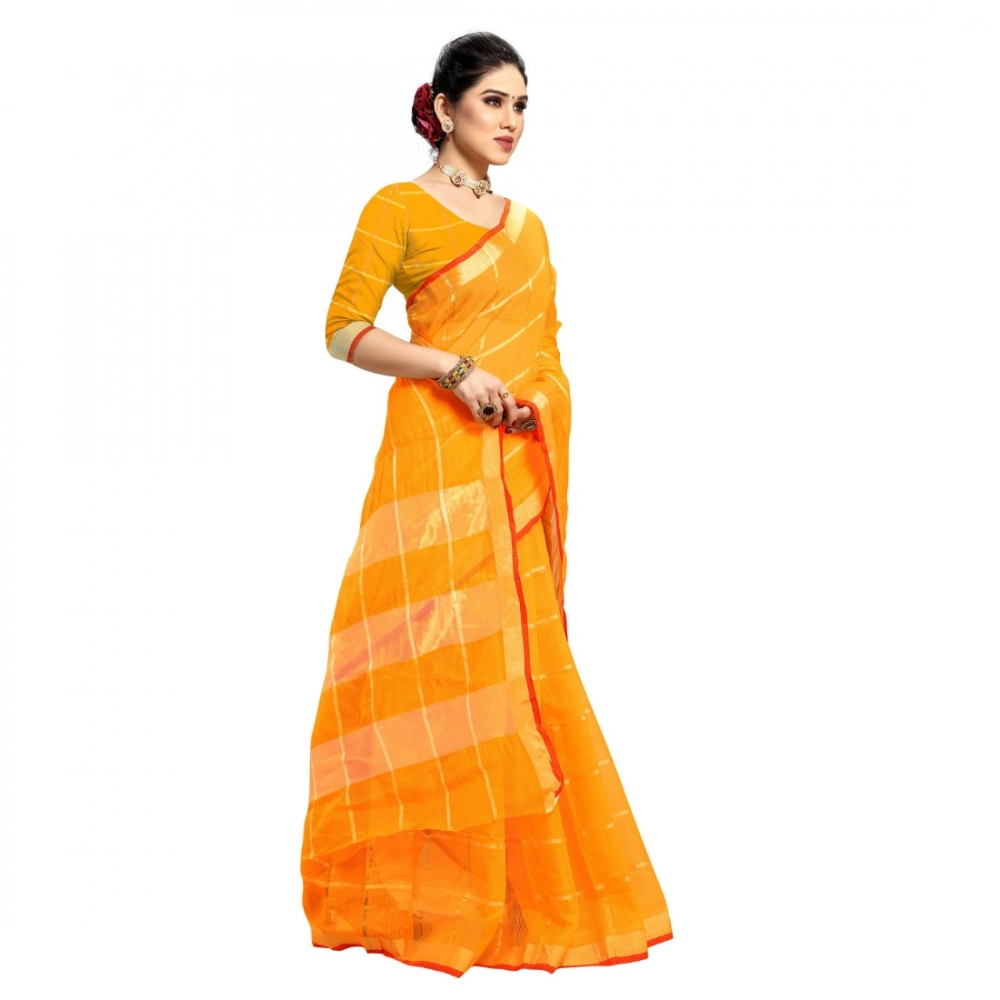Generic Women's Kota Doria Cotton Checked Saree With Blouse (Yellow, 5-6 Mtrs) - Image 2