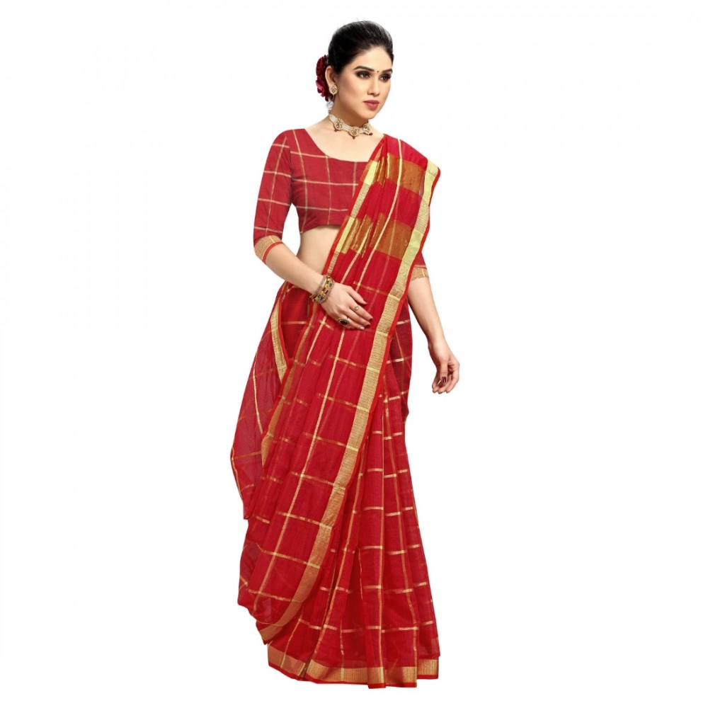 Generic Women's Kota Doria Cotton Checked Saree With Blouse (Red, 5-6 Mtrs) - Image 5