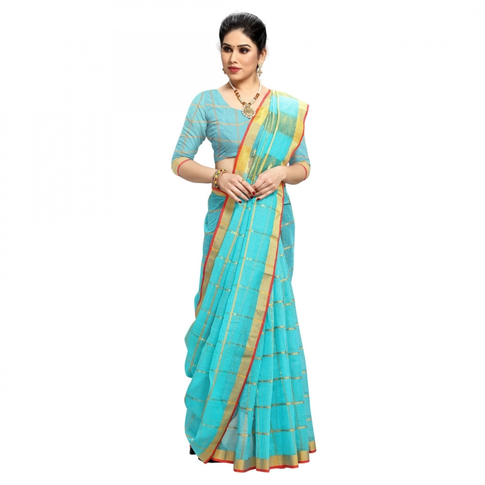 Generic Women's Kota Doria Cotton Checked Saree With Blouse (Sky Blue, 5-6 Mtrs) - Image 4