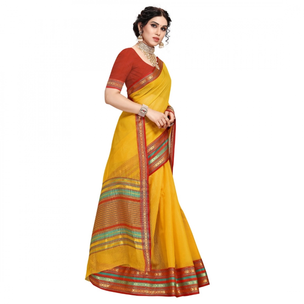 Generic Women's Kota Doria Cotton Bordered Saree With Blouse (Yellow, 5-6 Mtrs) - Image 2