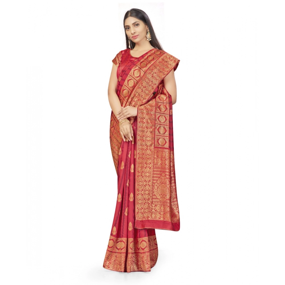 Generic Women's Banarasi Silk Saree With Blouse (Peach, 5-6Mtrs) - Image 4