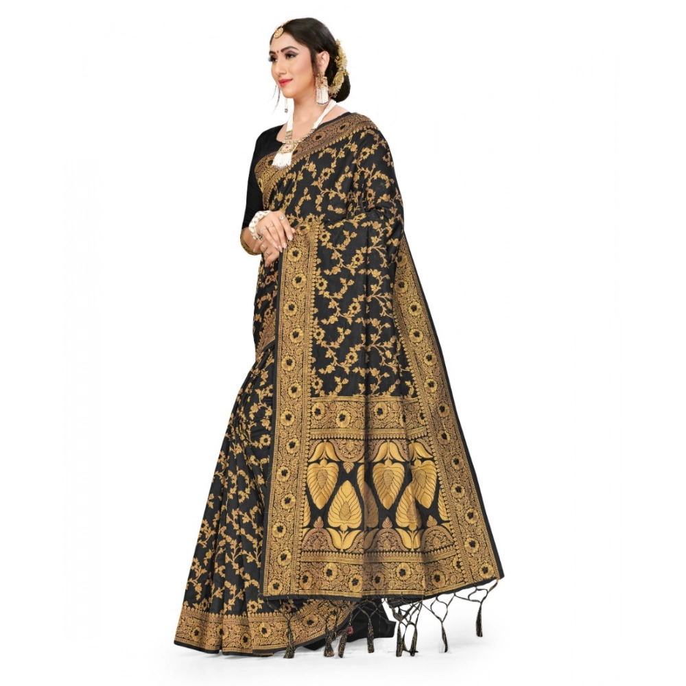 Generic Women's Banarasi Silk Saree With Blouse (Black, 5-6Mtrs) - Image 3