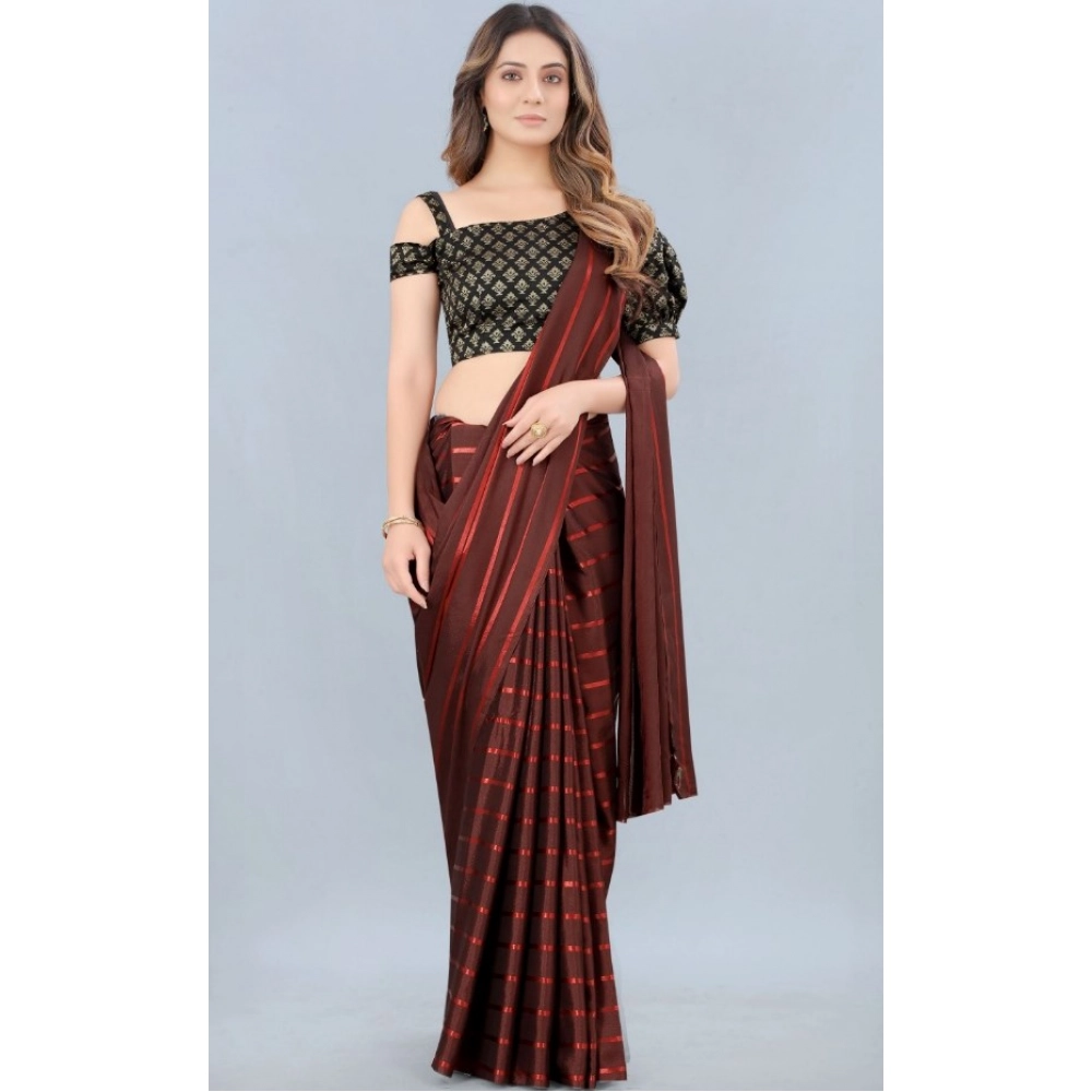 Generic Women's Satin Silk Saree with Blouse (Orange, 5-6 Mtrs) - Image 2