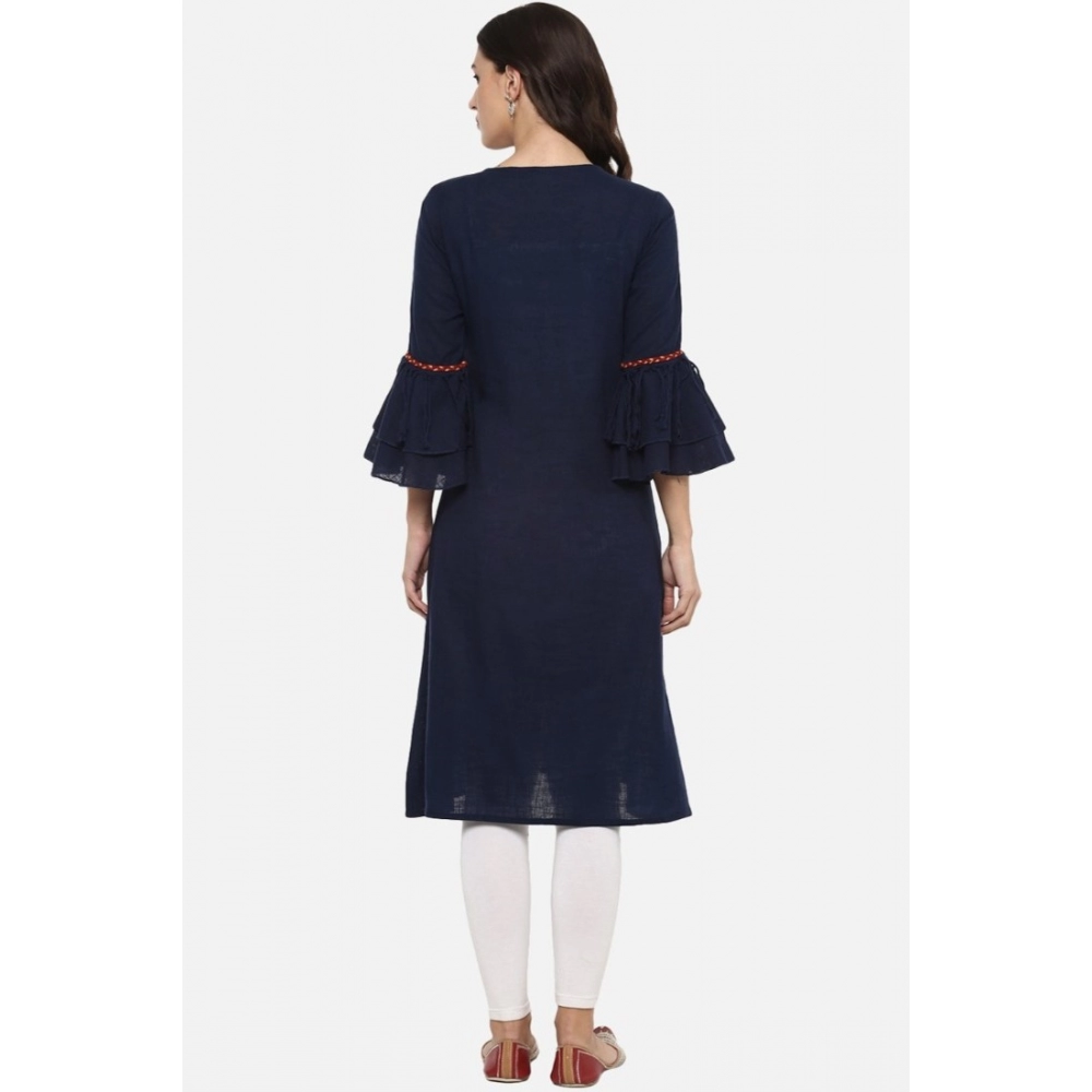 Generic Women's Casual Bell Sleeves Solid Cotton Slub Kurti (Blue) - Image 5