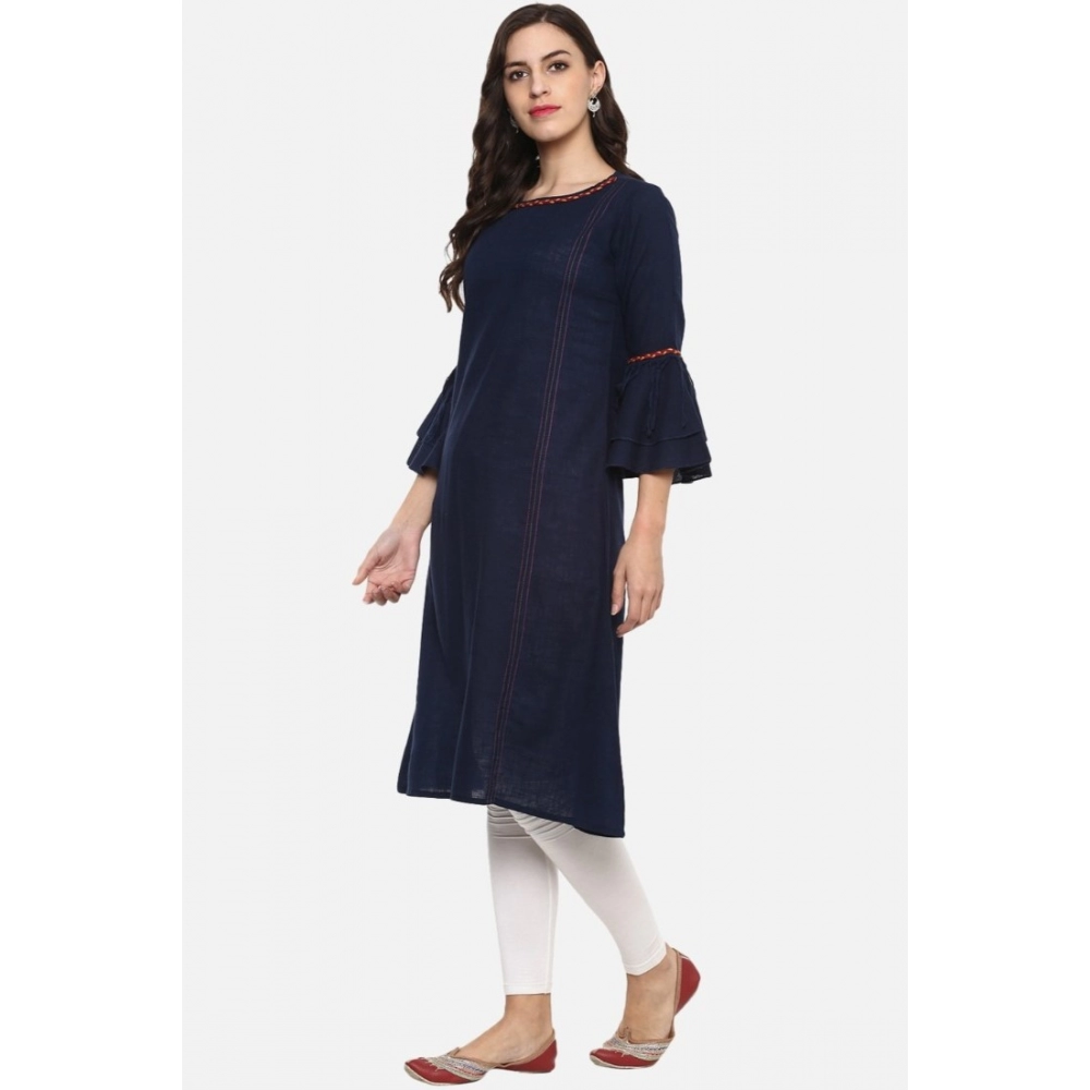 Generic Women's Casual Bell Sleeves Solid Cotton Slub Kurti (Blue) - Image 2