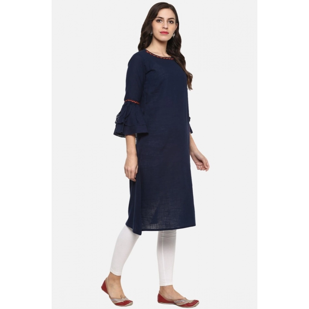 Generic Women's Casual Bell Sleeves Solid Cotton Slub Kurti (Blue) - Image 4