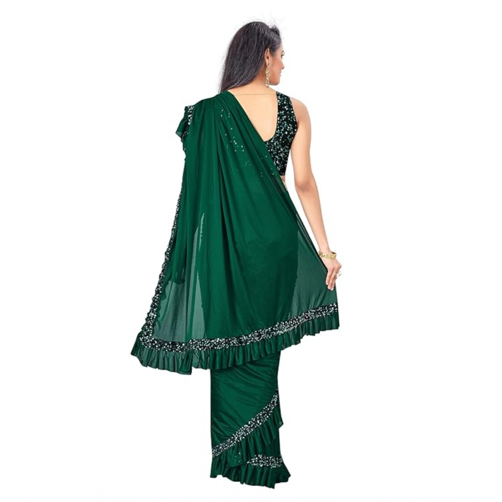 Generic Women's Lycra Solid Saree With Unstitched Blouse (Green, 5.5 Mtr) - Image 2