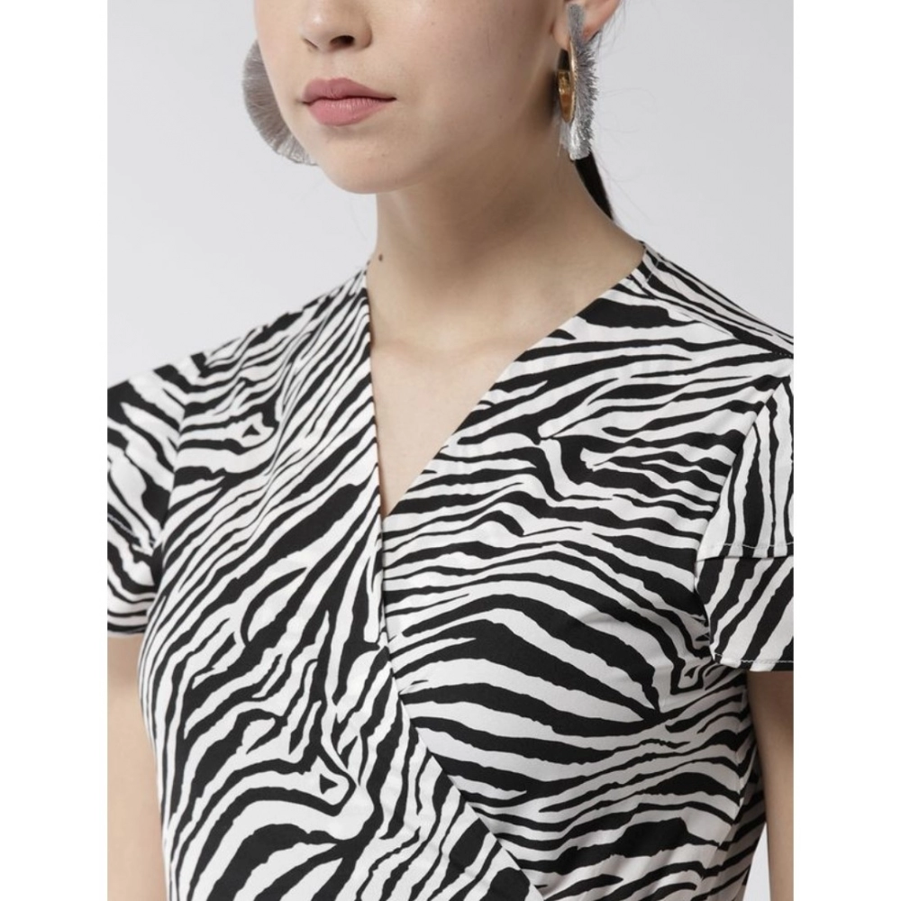 Generic Women's Polyester Animal Print Short Sleeve Knee-Length Dress (Black - White) - Image 2