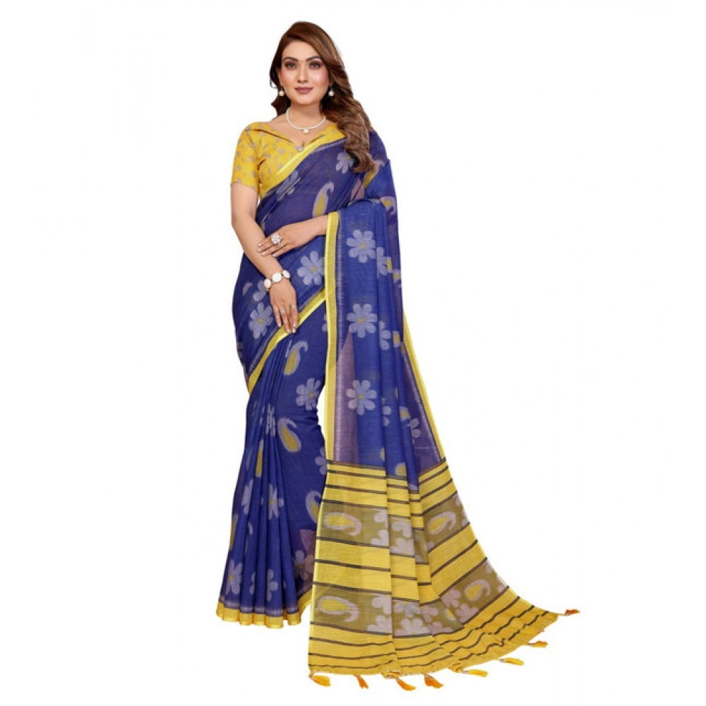 Generic Women's Linen Cotton Printed Saree With Unstitched Blouse 5.5Mtr (Blue) - Image 2