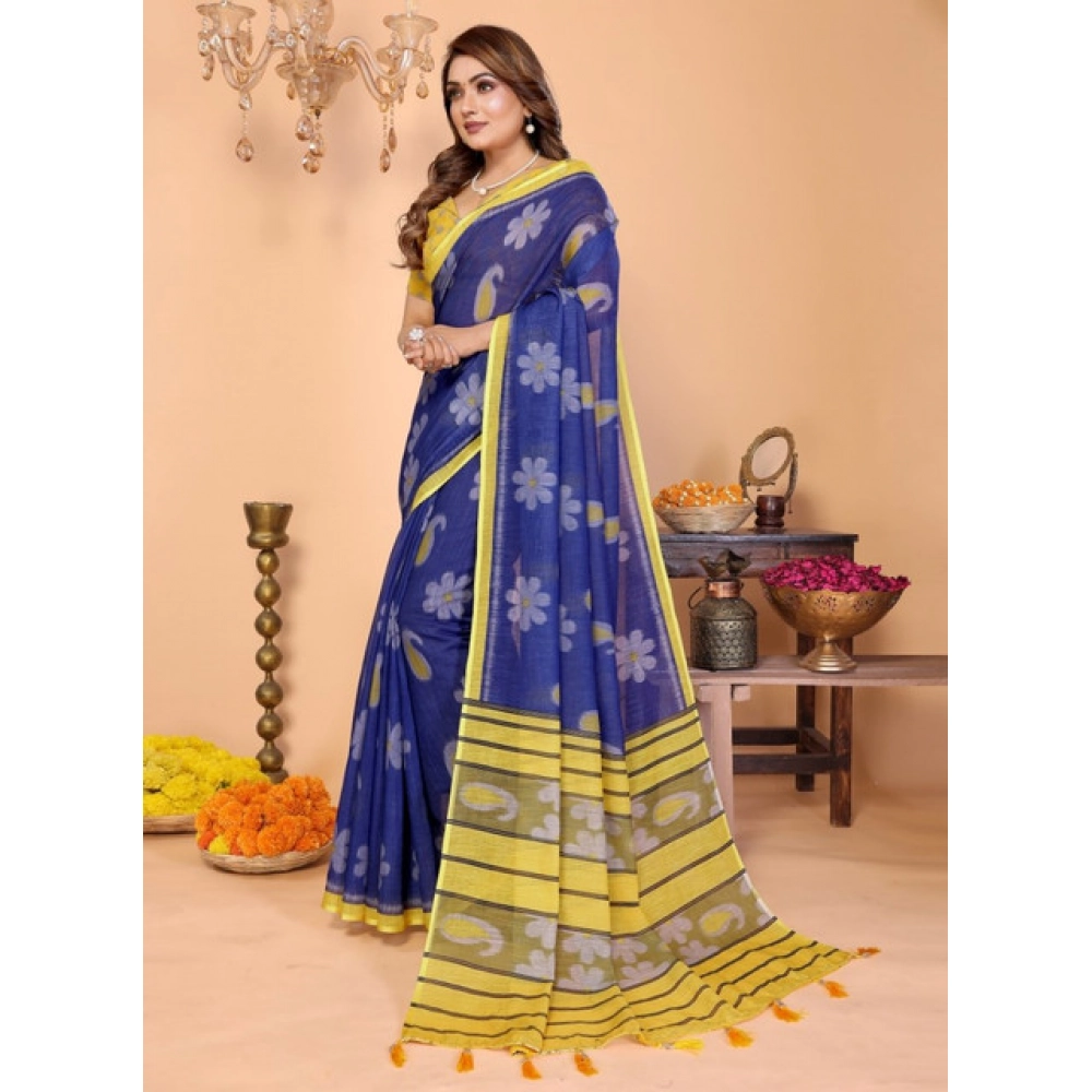 Generic Women's Linen Cotton Printed Saree With Unstitched Blouse 5.5Mtr (Blue) - Image 3