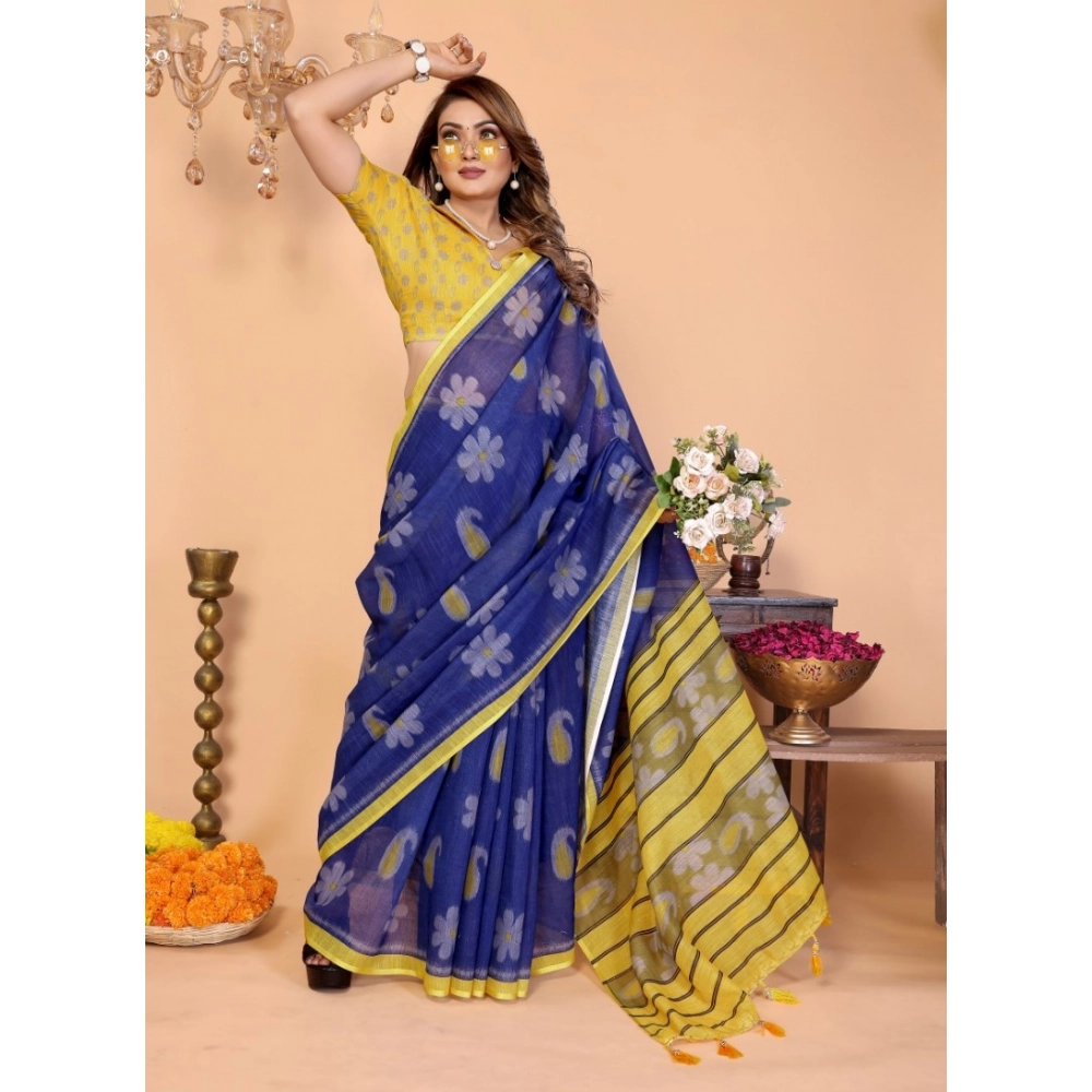 Generic Women's Linen Cotton Printed Saree With Unstitched Blouse 5.5Mtr (Blue) - Image 5