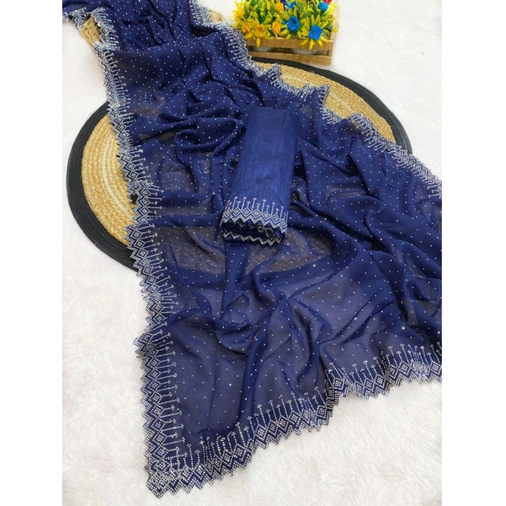 Generic Women's Georgette Stone Work Saree With Unstitched Blouse 5.5Mtr (Blue) - Image 2