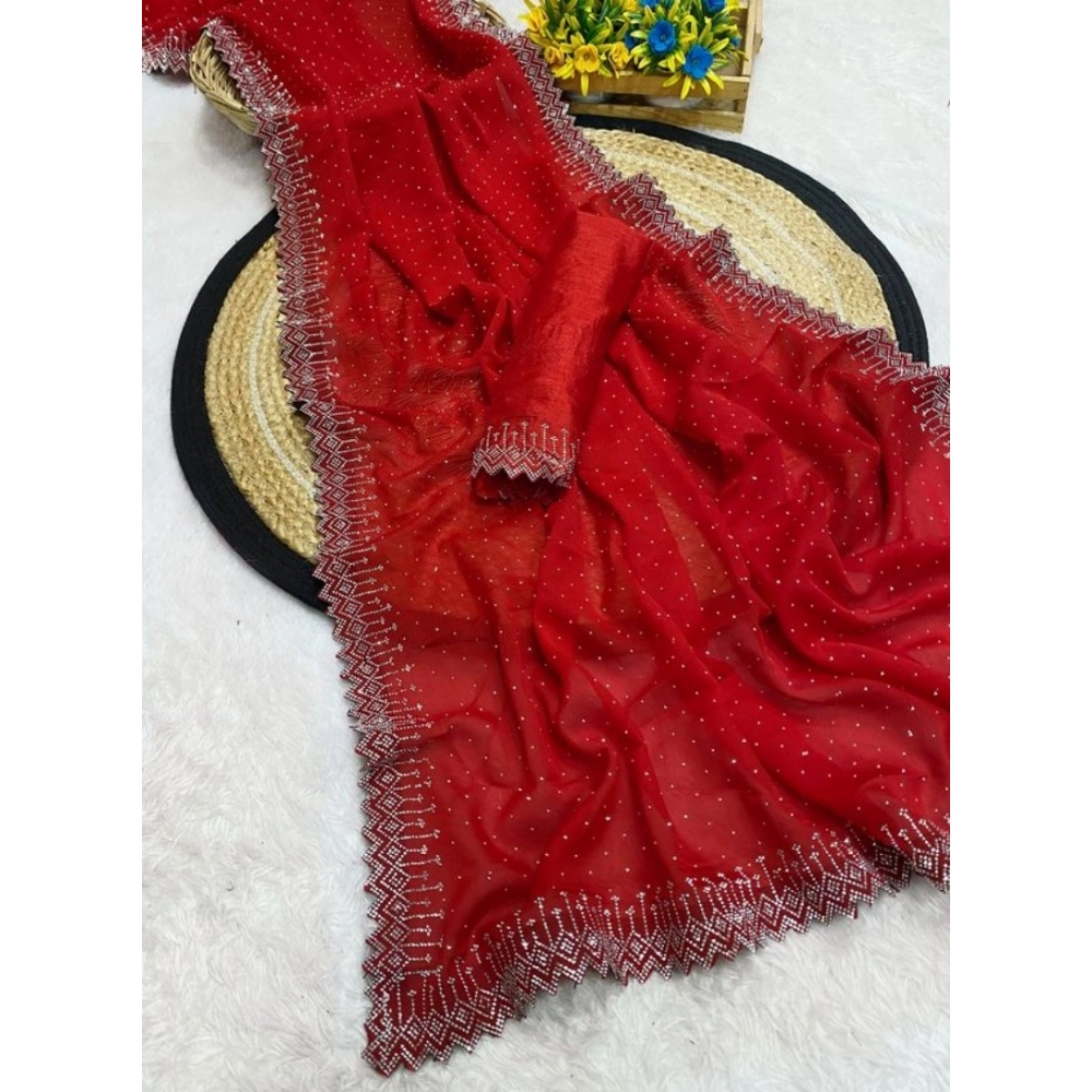 Generic Women's Georgette Stone Work Saree With Unstitched Blouse 5.5Mtr (Red) - Image 2